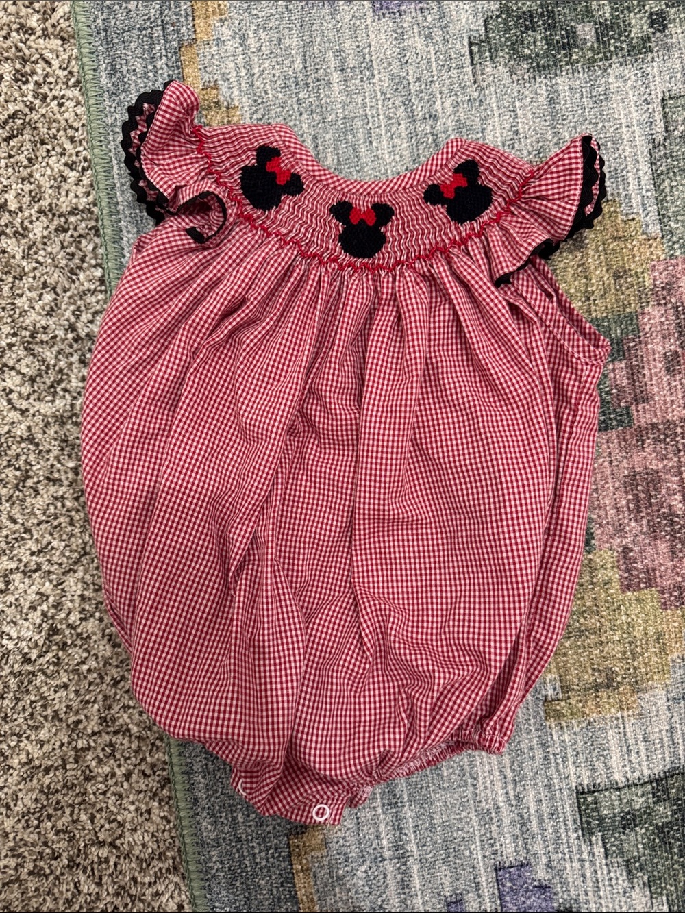 Classic Whimsy Red Gingham Baby Romper with Minnie Mouse Smocking